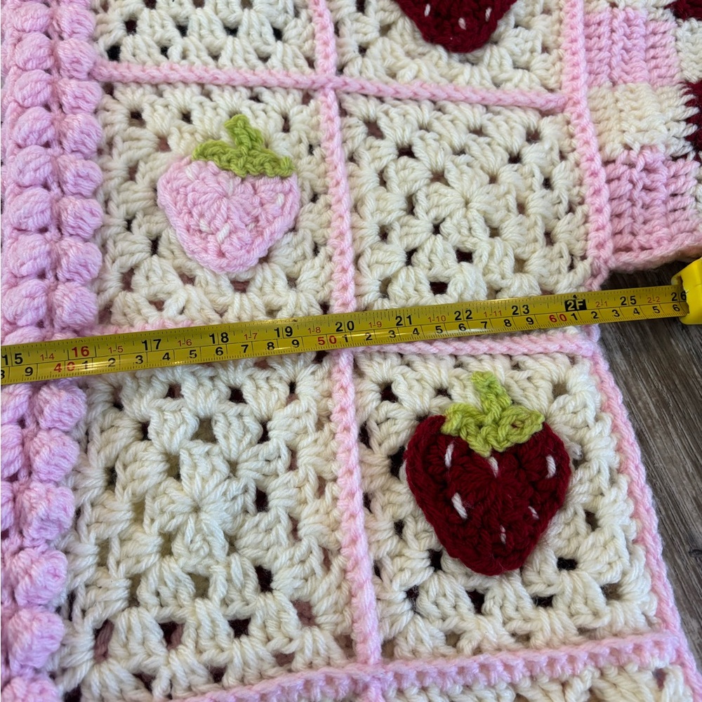 Handmade Crochet Strawberry Picnic Cardigan Checkerboard Pattern - Picture 7 of 12